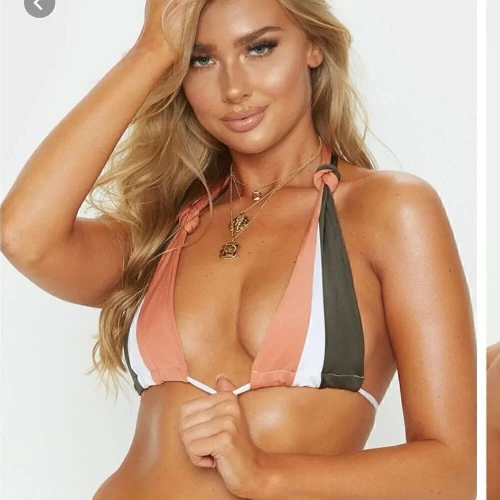 Prettylittlething Khaki Tri Color Triangle Bikini Top Size 2